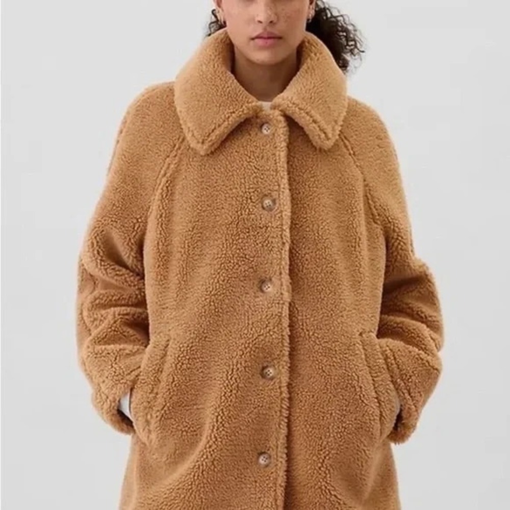 GAP Sherpa Teddy Coat Camel Brown Y2K Winter Glam Oversized Jacket SMALL Cozy - Picture 2 of 13